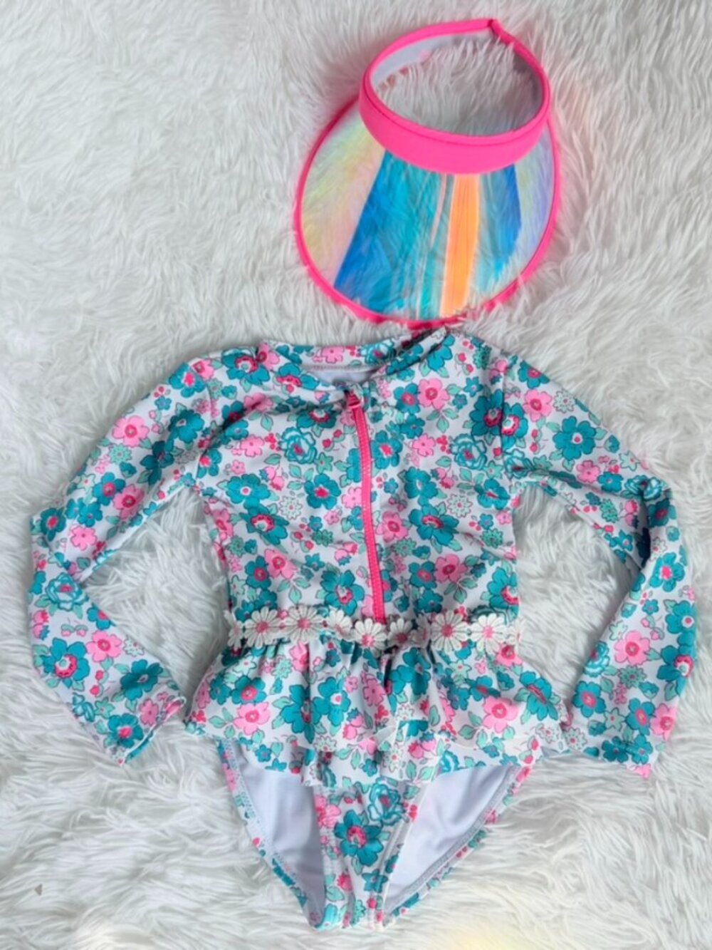 2T Floral Rash Guard Swimsuit & Rainbow Visor Set